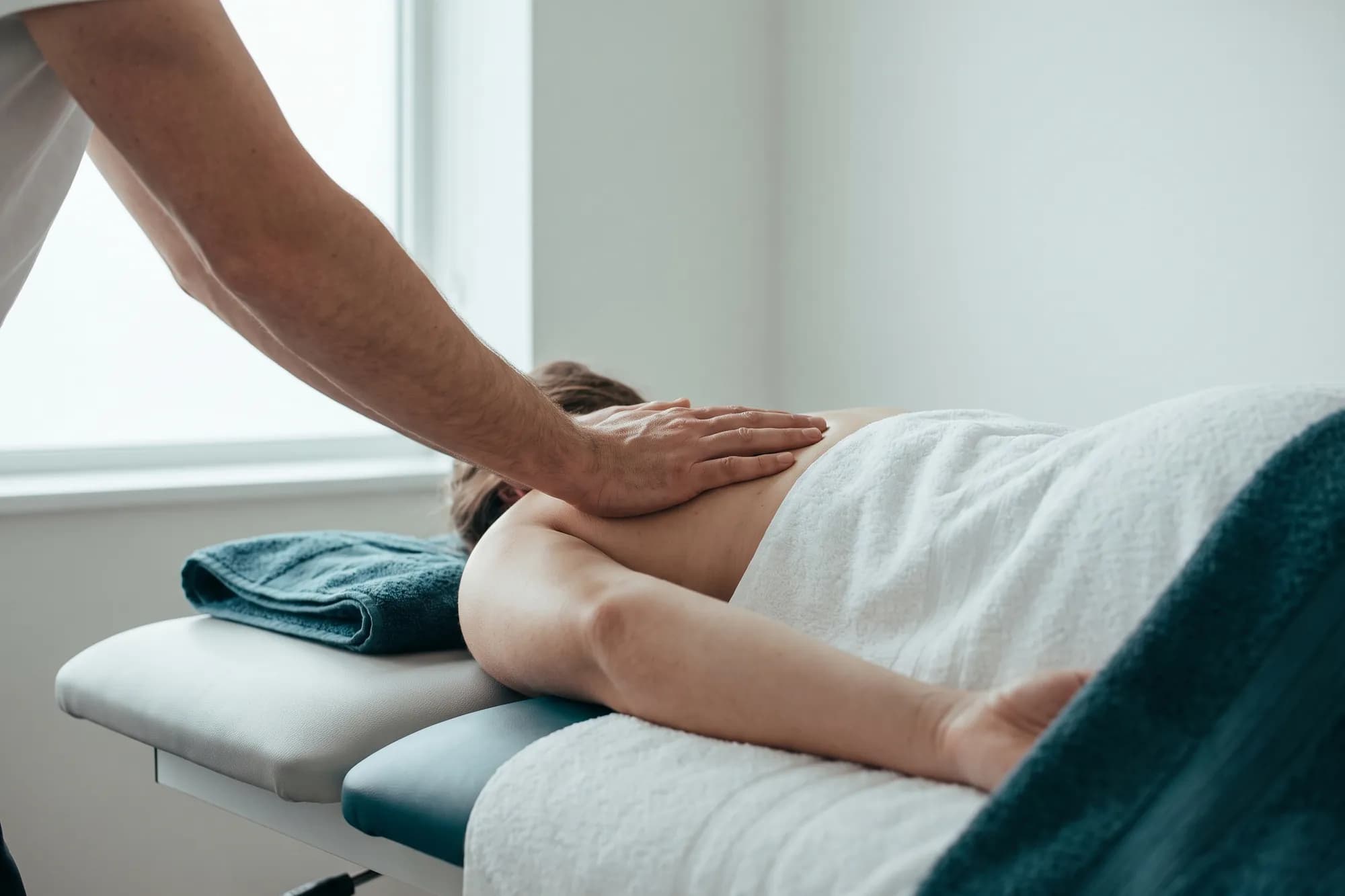 Symbolbild: physiotherapeutische Behandlung des oberen Rückens auf einer Behandlungsliege in einem hellen Raum.